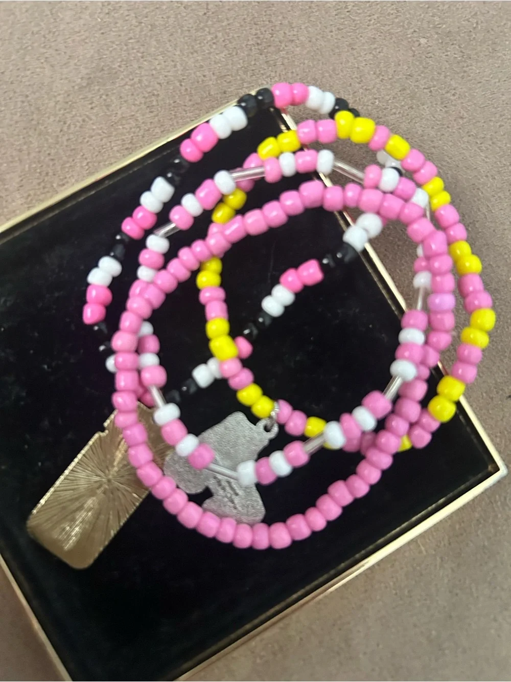 Pink Yellow Beaded Charm Bracelet Set with travel charm and skate charm